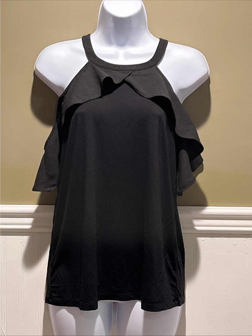 INC Black Cold Shoulder Ruffle Top Women’s Size M